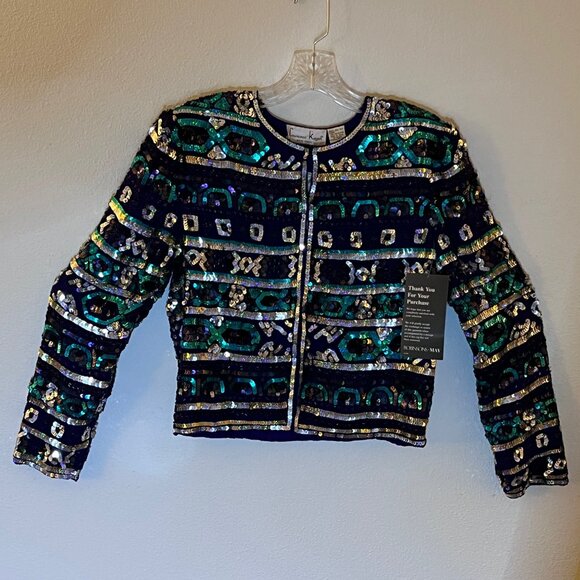 New Vtg Holiday Evening Cocktail Jacket M Retro Sequin Beaded - Picture 11 of 12
